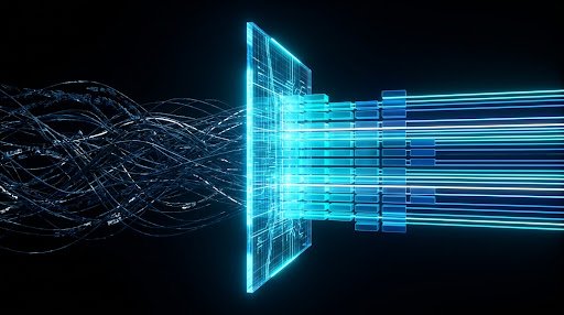 A glowing blue and cyan holographic data visualisation depicting network nodes, data flows and security shields, evoking a cybersecurity mission control interface.
